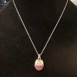 Pink and White Crystal Owl Pendant Necklace with White Enamel Eyes.